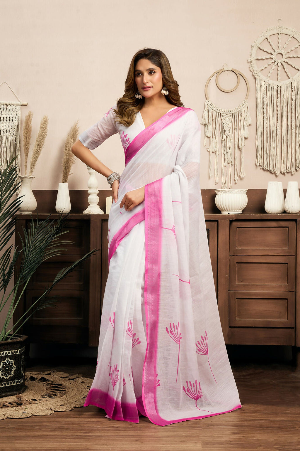 Vastranavya White Digital Printed Linen Ready To Wear Designer Saree with Unstitched Blouse
