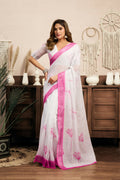 Vastranavya White Digital Printed Linen Ready To Wear Designer Saree with Unstitched Blouse