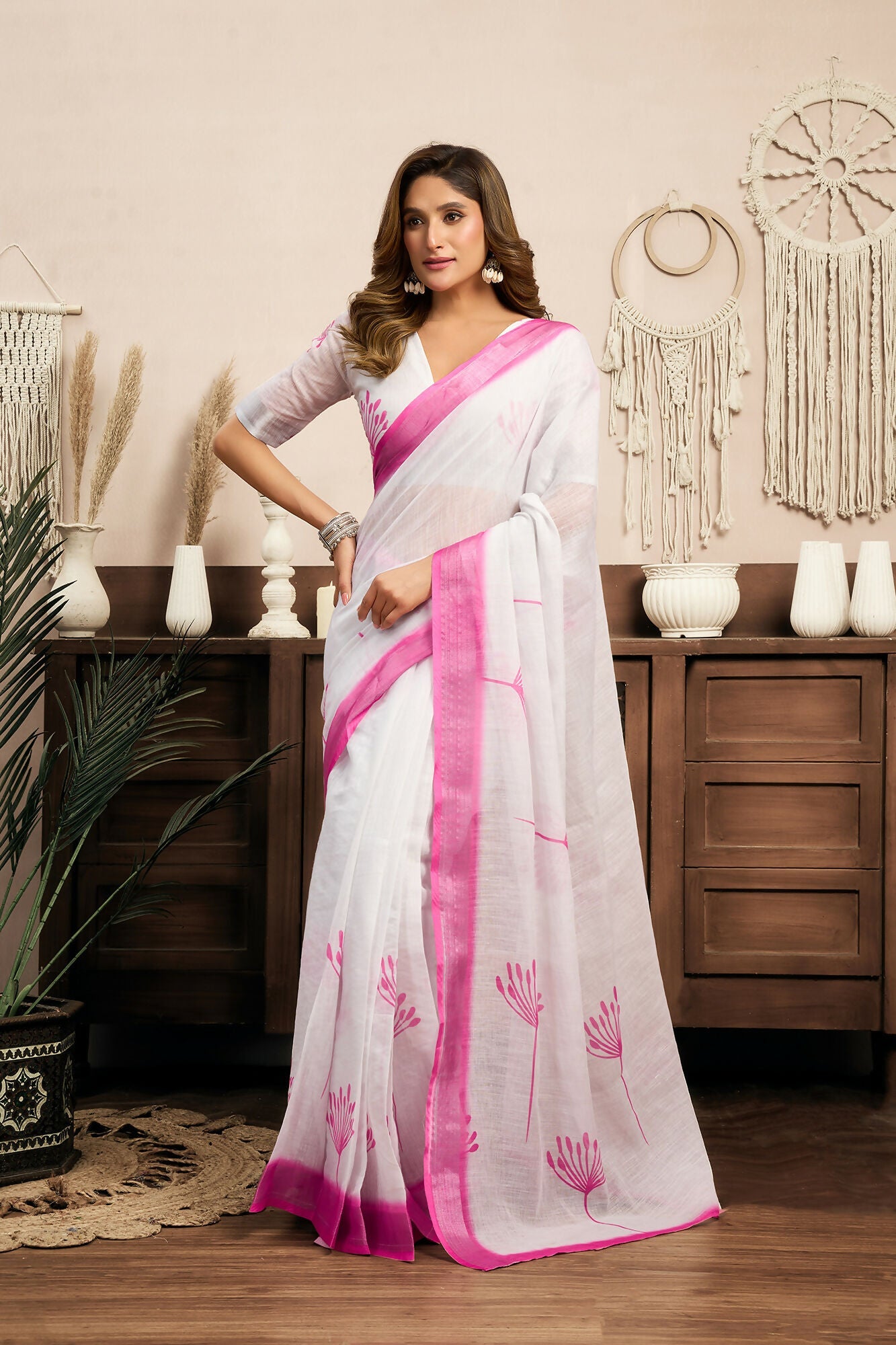 Vastranavya White Digital Printed Linen Ready To Wear Designer Saree with Unstitched Blouse
