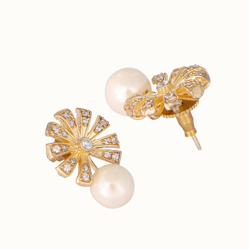 Nuyug 22K Gold-Plated Pearl Drop Zircon Floral Shaped Mini Stud Earrings