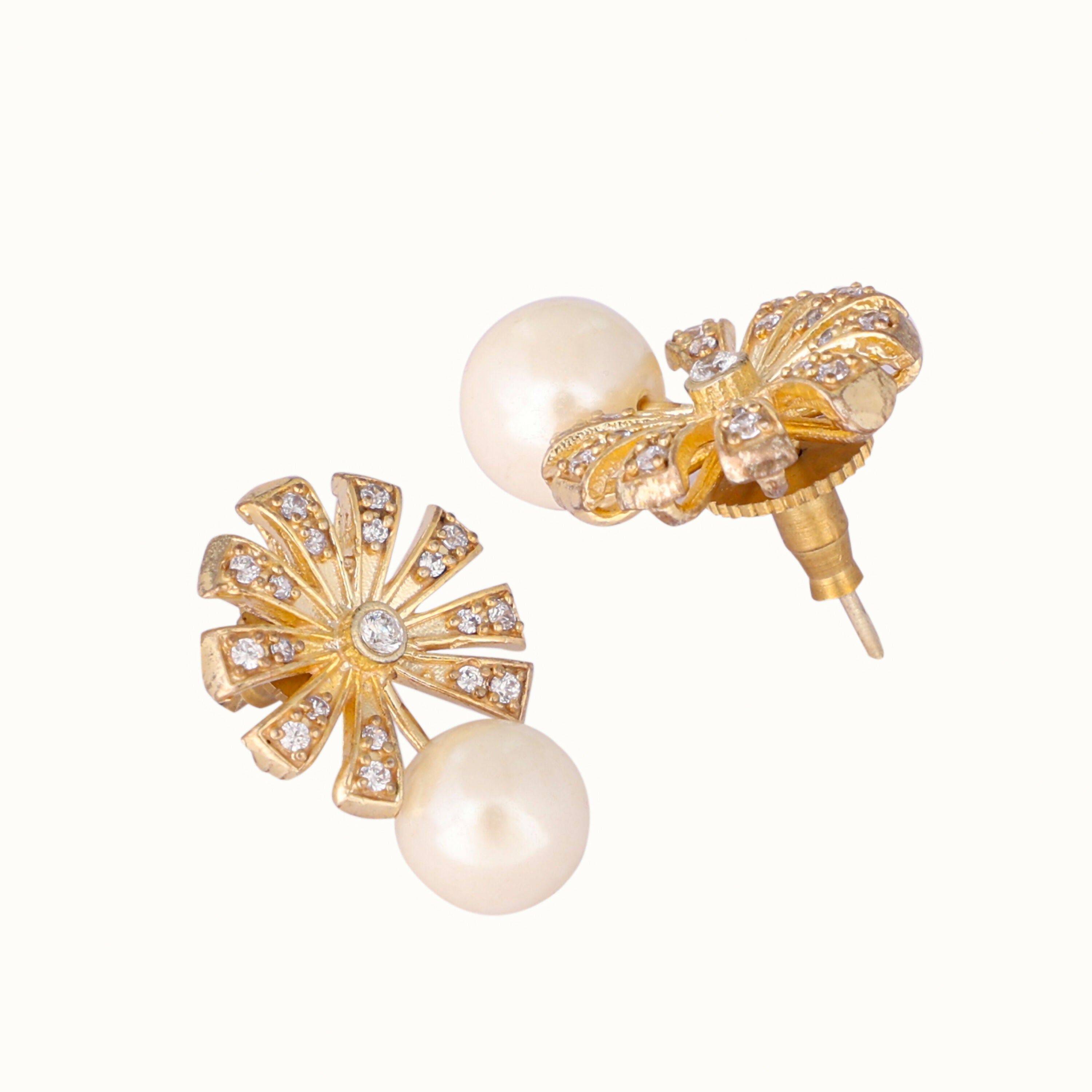 Nuyug 22K Gold-Plated Pearl Drop Zircon Floral Shaped Mini Stud Earrings
