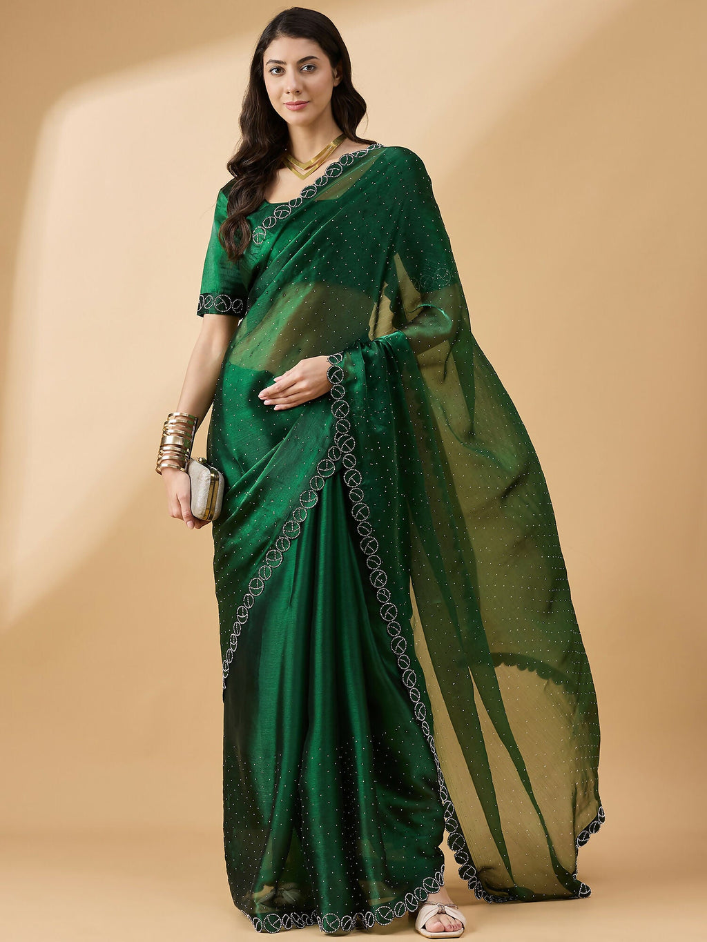 Green Organza Swaroski Diamond Work Saree with Unstitched Blouse - Radha