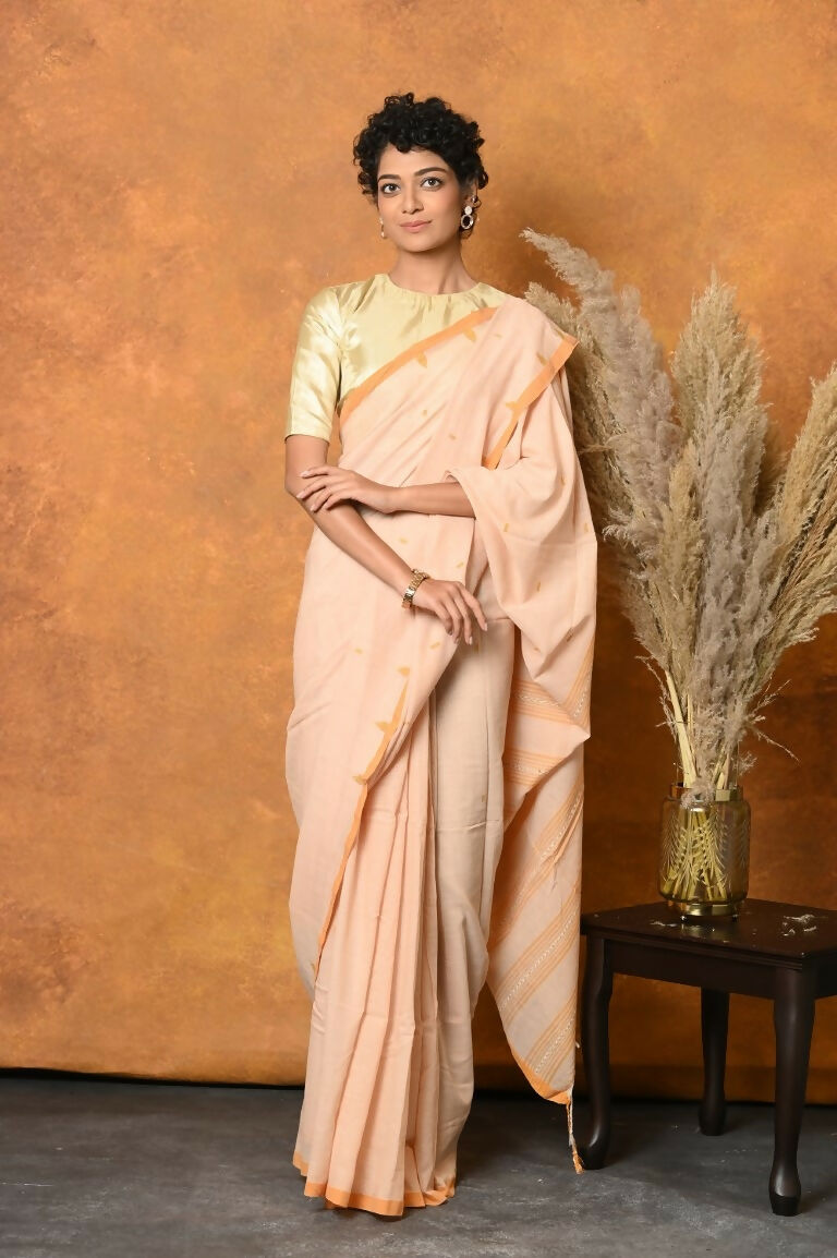 Very Much Indian Handloom Pure Cotton Saree With Sleek Border - Light Peach