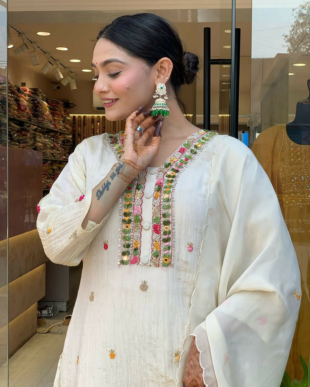 The52 Off White Women's Gorgeous Chinon Fabric Embroidered Work Straight Kurta Pant and Dupatta Set
