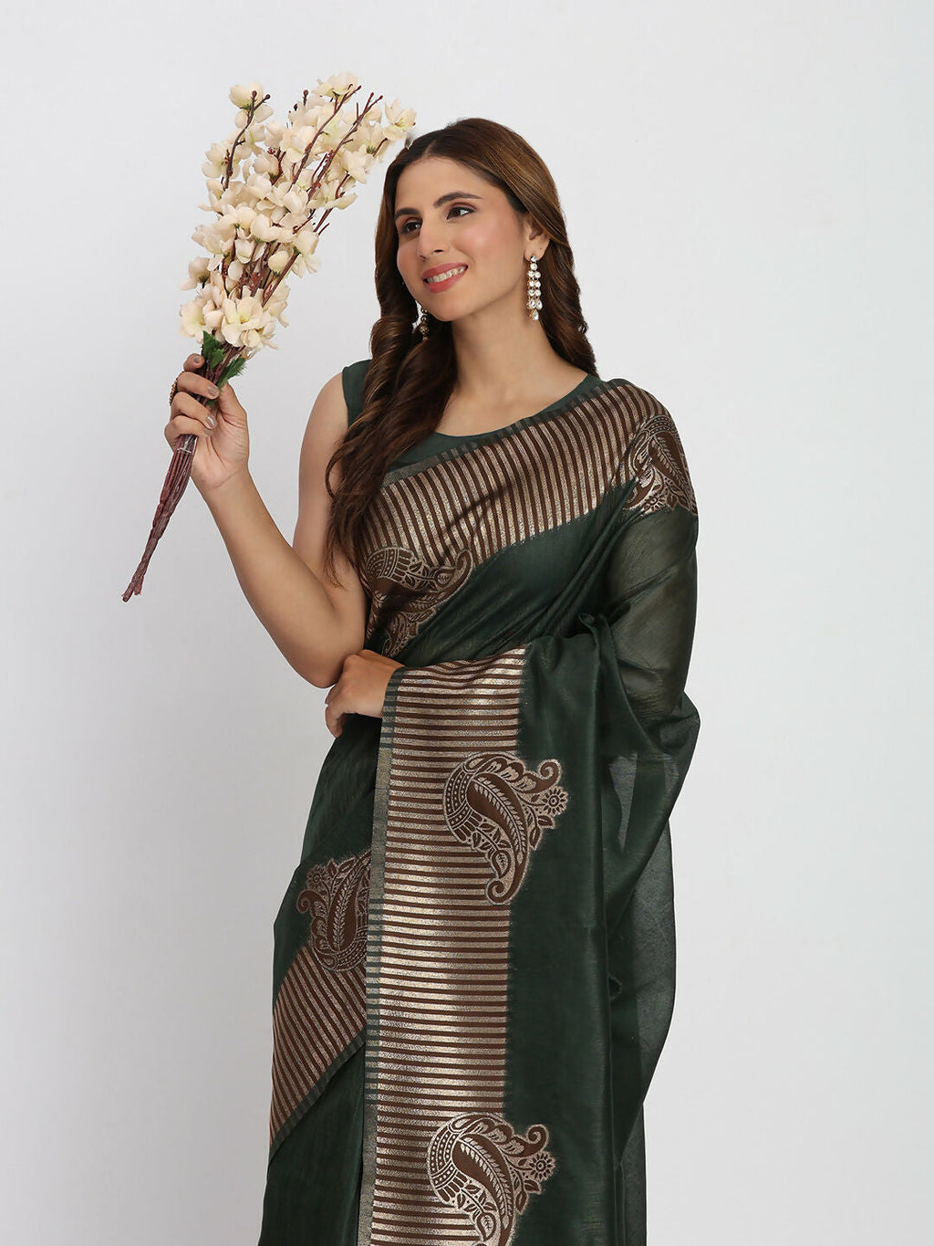 Shree Shyam Fashion Linen Cotton Dark Green Saree