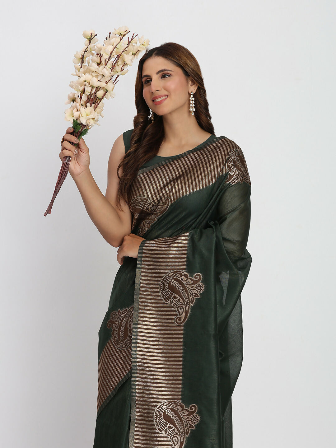 Shree Shyam Fashion Linen Cotton Dark Green Saree
