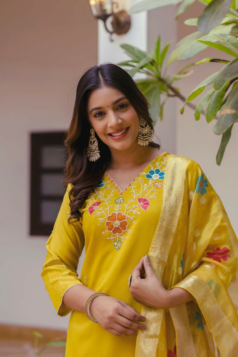 The52 Yellow Women's Gorgeous Embroidered work Viscose Gadhwal Fabric Straight Kurta, Pant and Dupatta Set