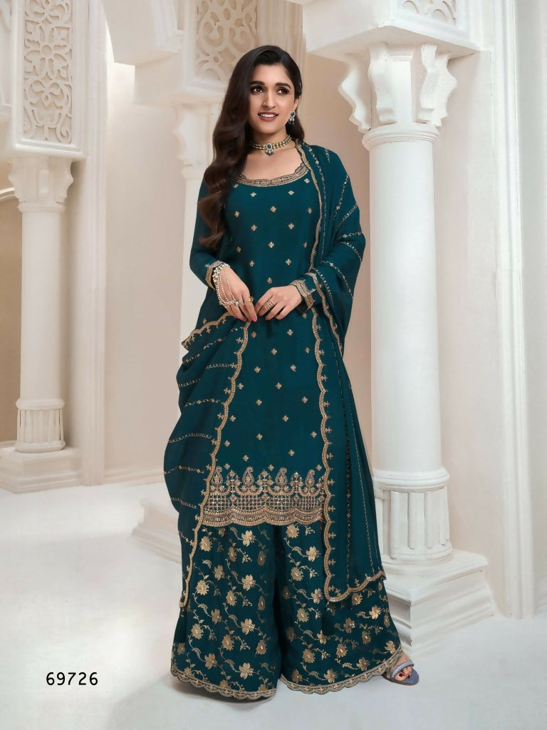 Vastranavya Exquisite Teal Heavy Chinon with Embroidered & Sequins Work Salwar Suits