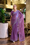 Vastranavya Lavender Embroidery Work Shimmer Chiffon Saree with Unstitched Blouse