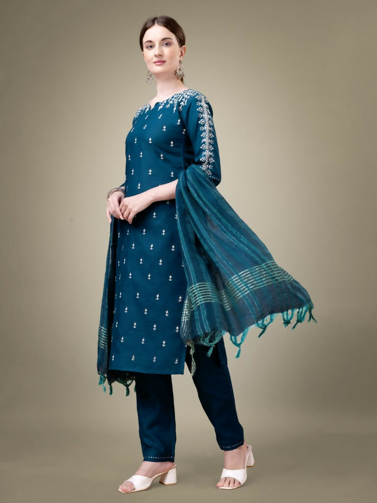 Jyoti Fashion Women's Morpich Cotton Blend Embroidery & Sequence work Kurta with Trouser & Dupatta