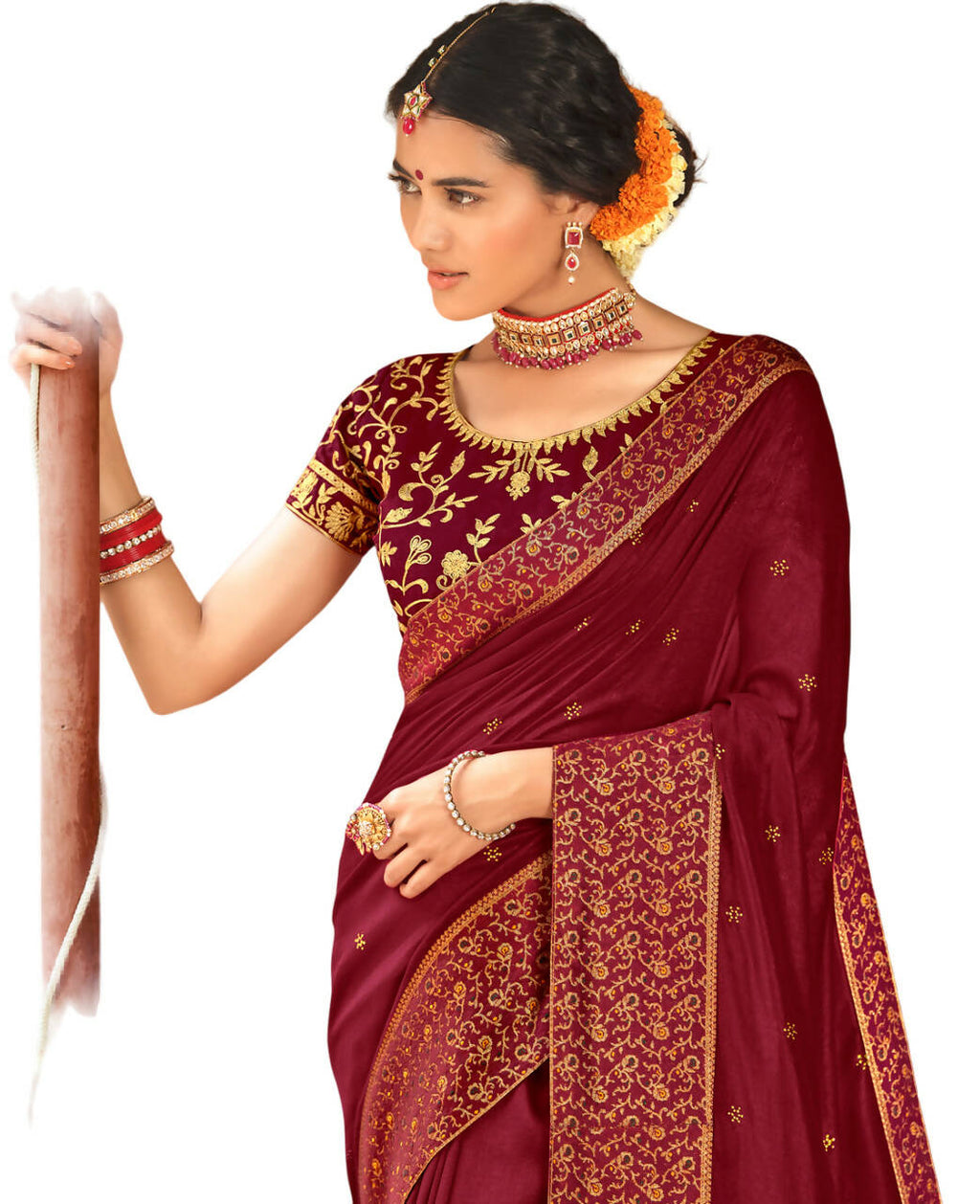 Maroon Vichitra Stone Work Saree With Unstitched Blouse Piece - Rosy