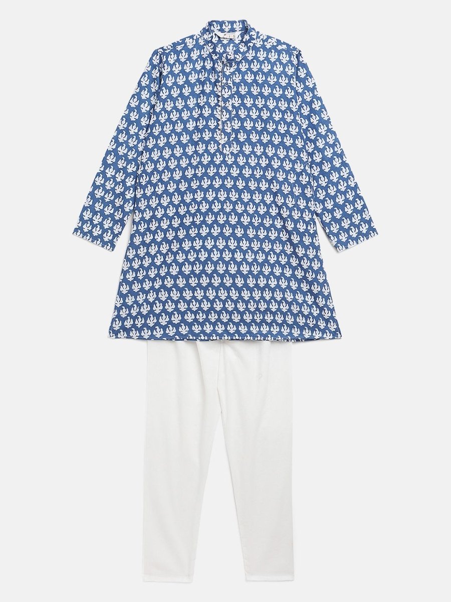 Ahalyaa Boys Blue Pure Cotton Porcian Print Kids Kurta Churidar Set