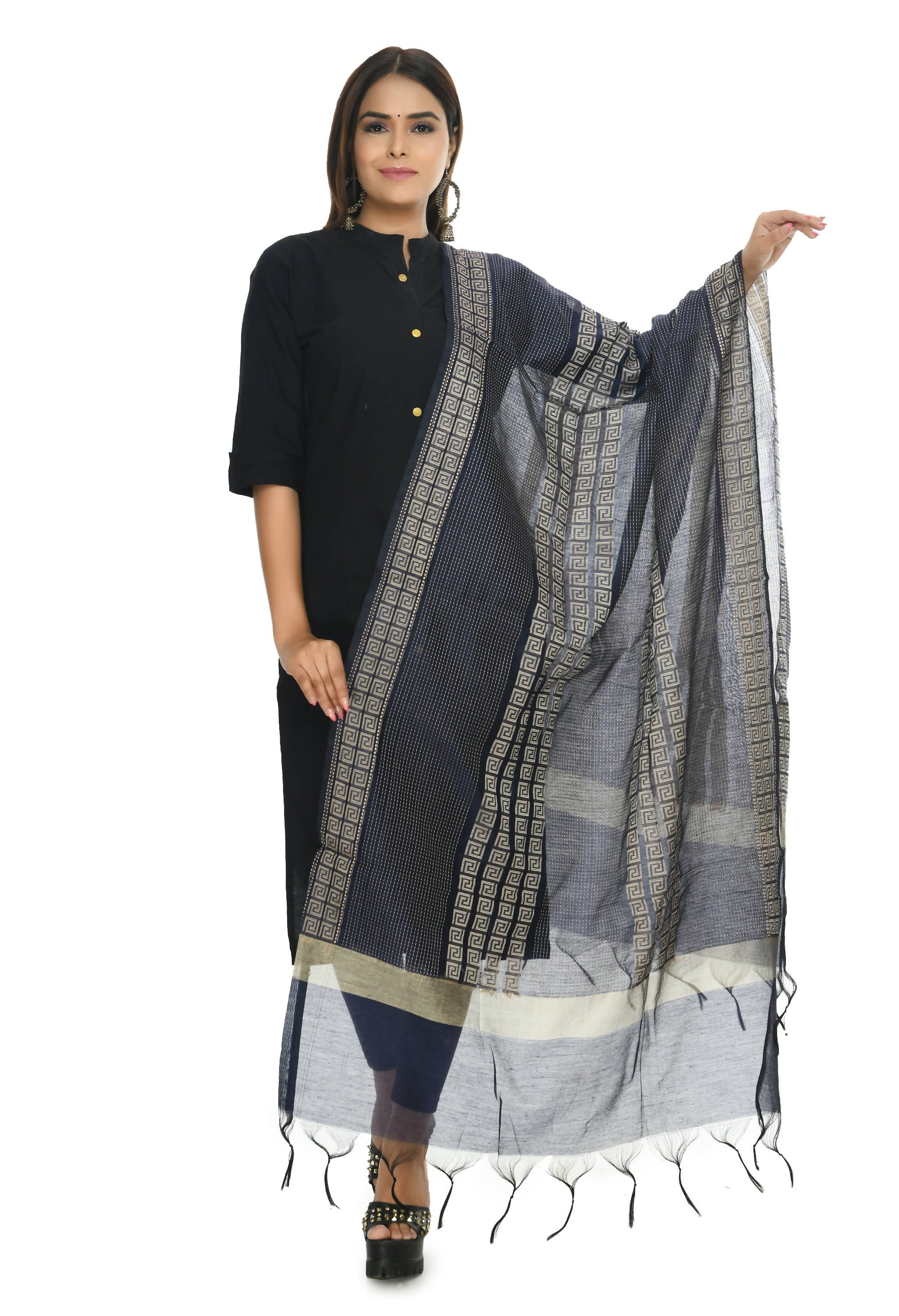 Mominos Fashion Moeza Handloom Cotton Navy Blue Dupatta