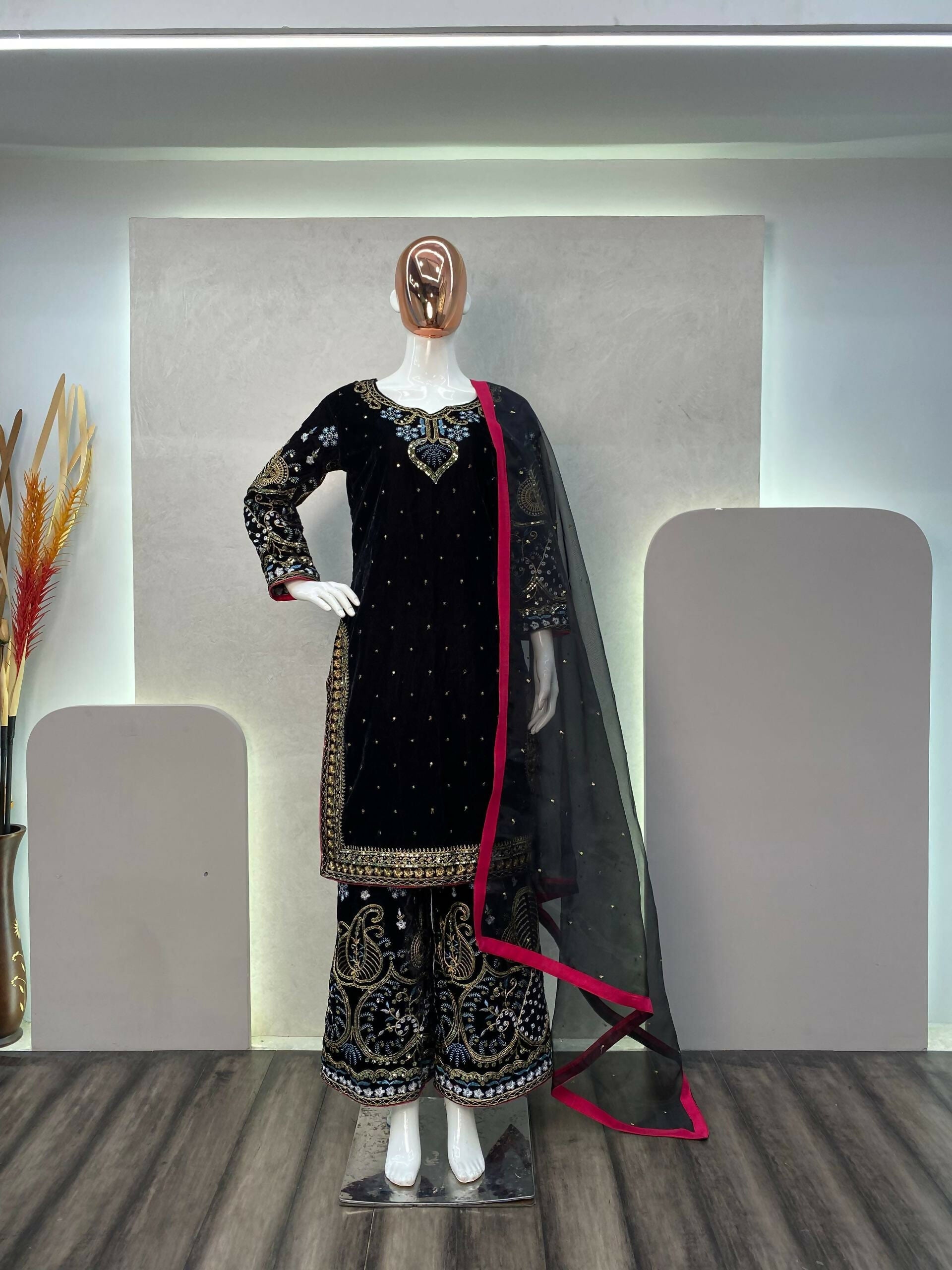 Vastranavya Black Viscose Velvet Cording Sequence Embroidery Work Suit With Dupatta