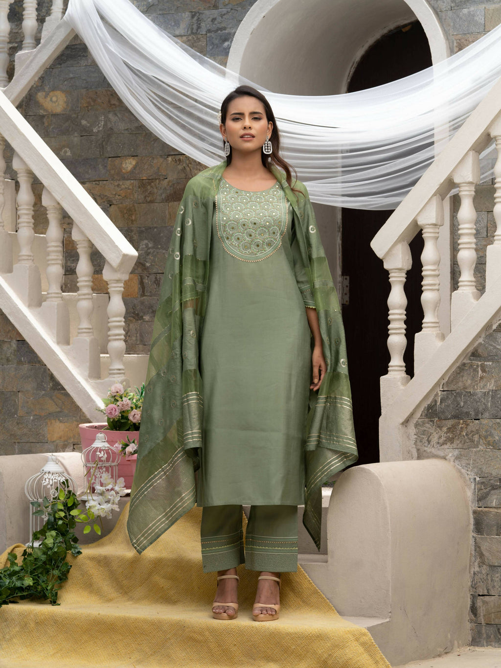 Green Roman Silk Plain Kurta with Pant & Dupatta - Disha