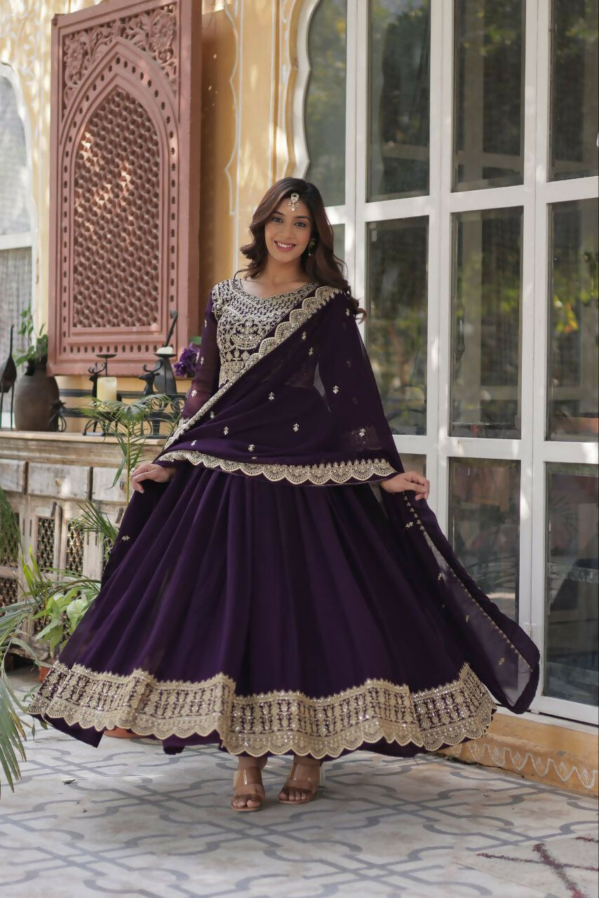 Vastranavya Faux Blooming with Embroidery Zari Sequins-work Gown & Dupatta - Purple