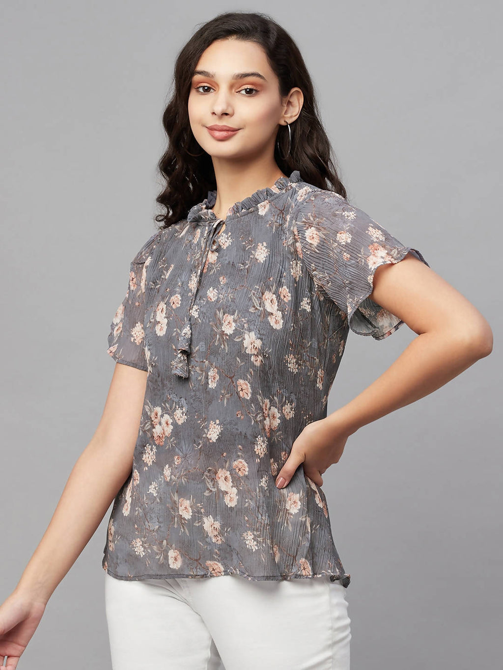 Myshka Grey Printed Half Sleeve Round Neck Top