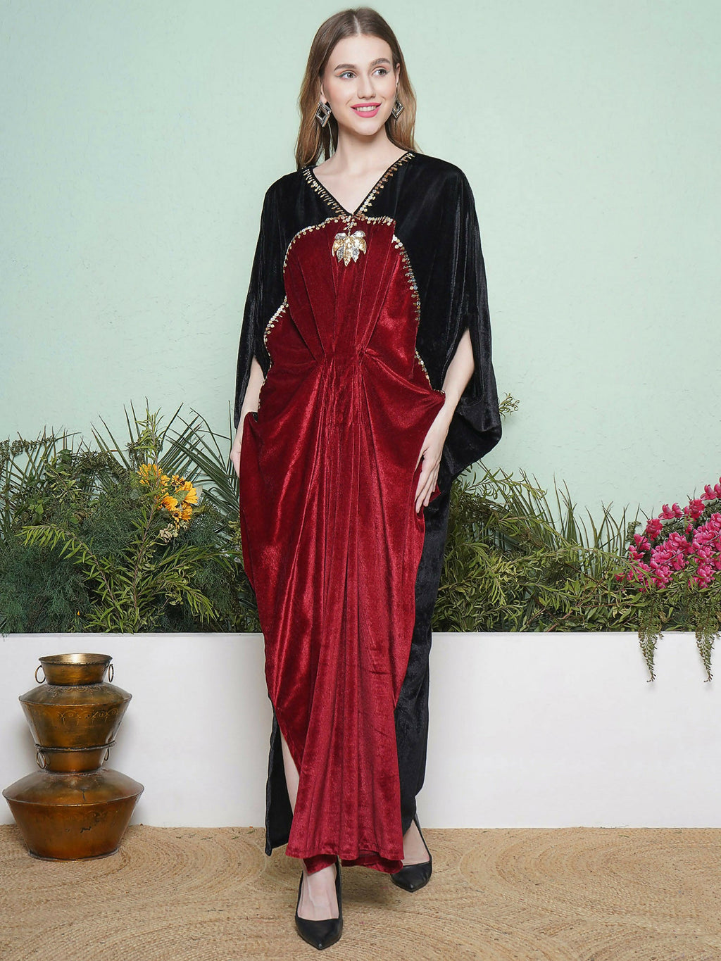 Joban Fashion Black And Maroon Hand Embellished Gown