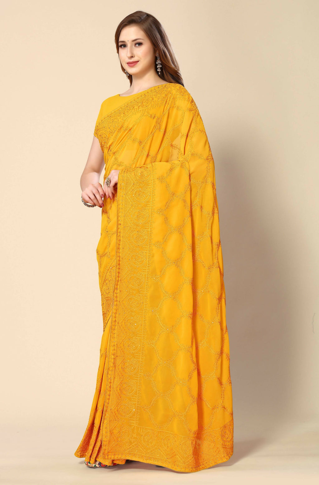 Mustard Georgette Embroidered and Stone Work Saree with Unstitched Blouse Piece - Roozal