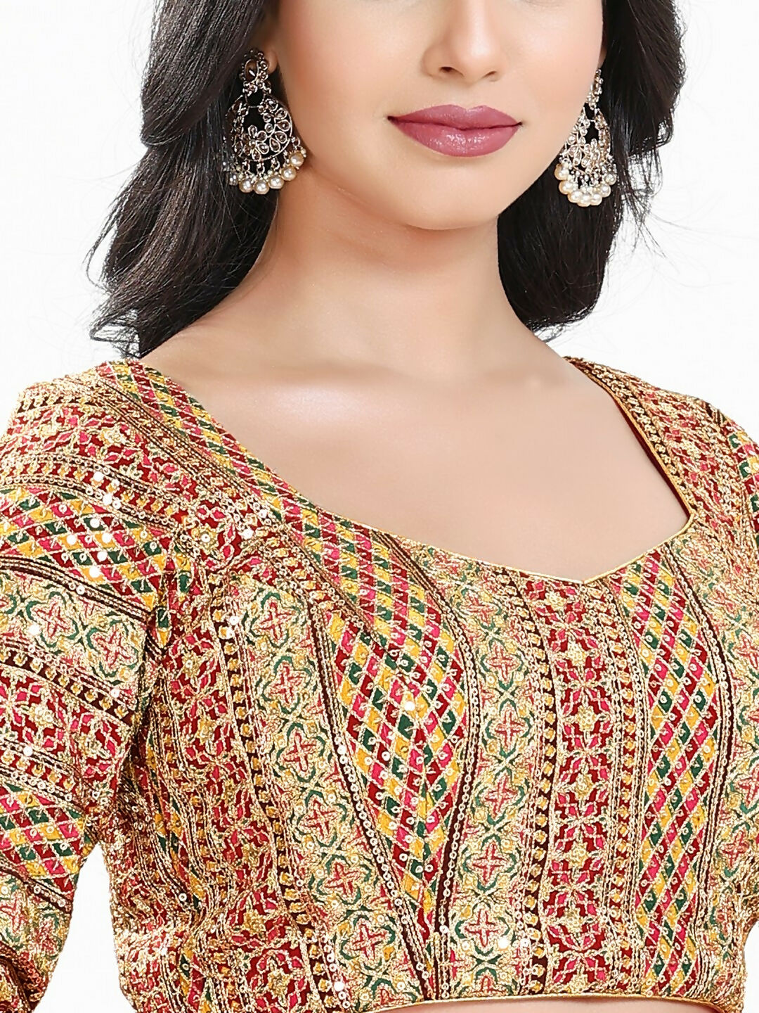 Joban Fashion Pink Multi Silk Padded Blouse With Sweetheart Neck 3/4 Sleeves