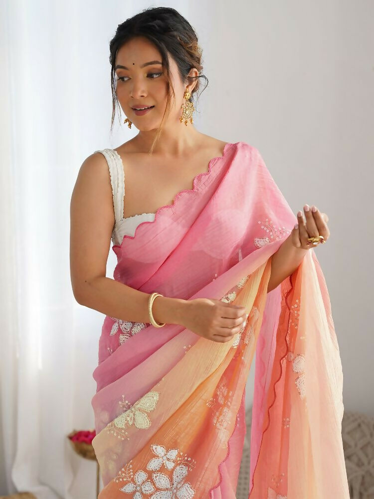 PR Fashion Pink_Orange Gold Crush Embroidery Work Saree