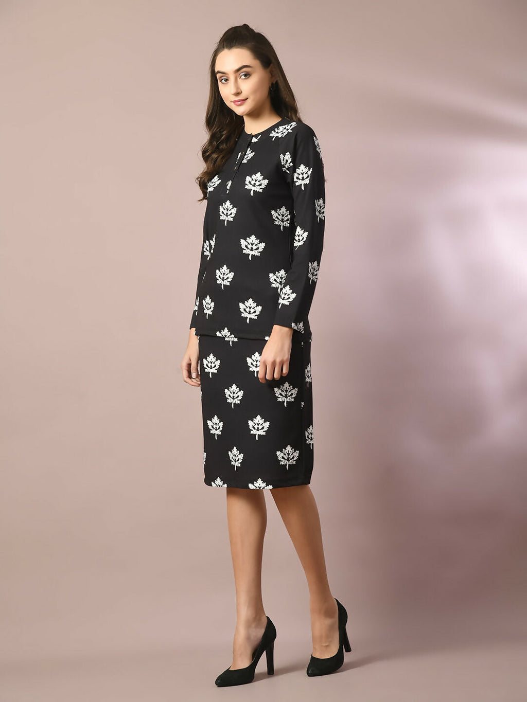 Myshka Women's Black Printed Round Neck Party Top With Skirt Co-ord set