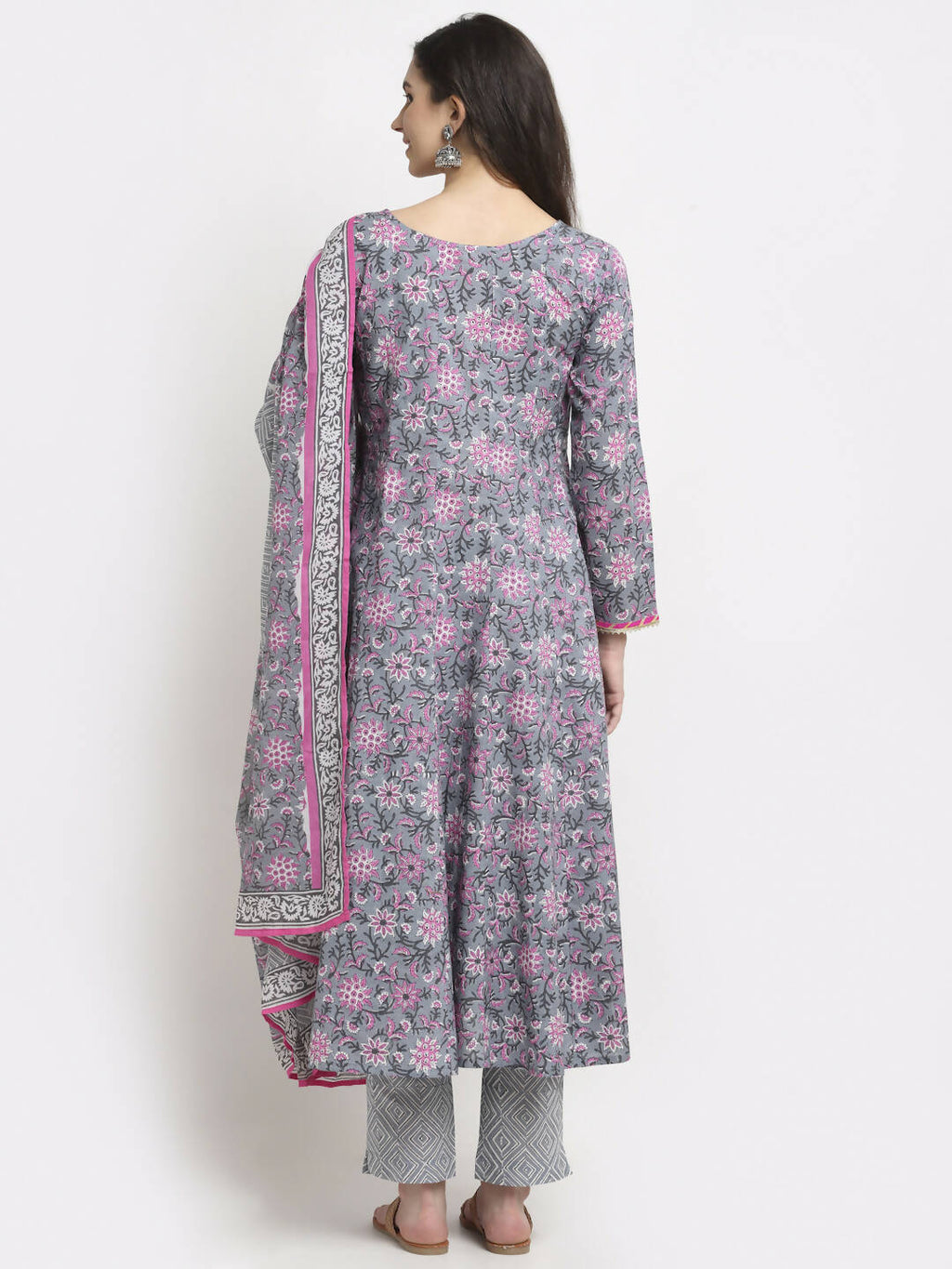 Rudra Bazaar Grey Printed Anarkali Suit Set With Dupatta