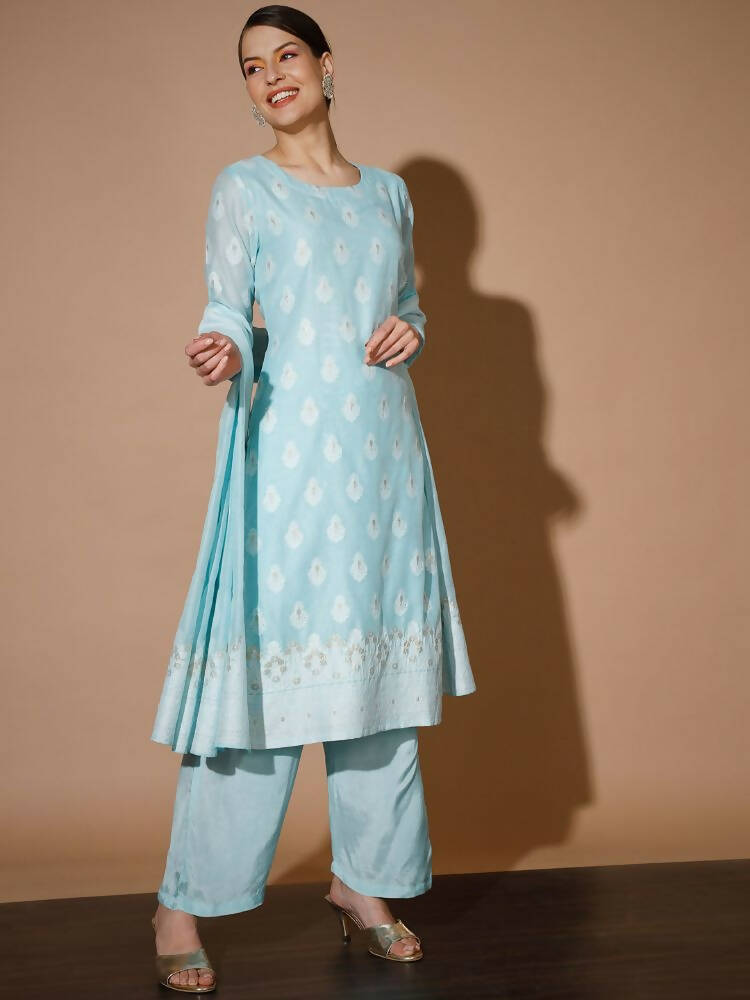 Myshka Women Blue Printed Kurta & Palazzos With Dupatta