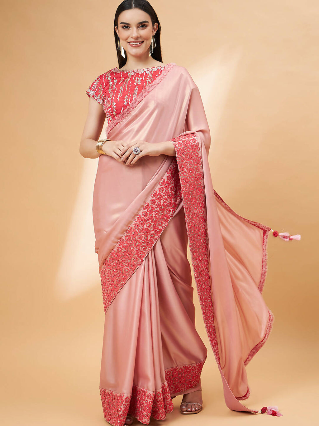 Light Pink Satin Georgette Laser Cut Floral Embroidery , Resham, Zari And Cord Embroidery Saree - Norita Hit Design