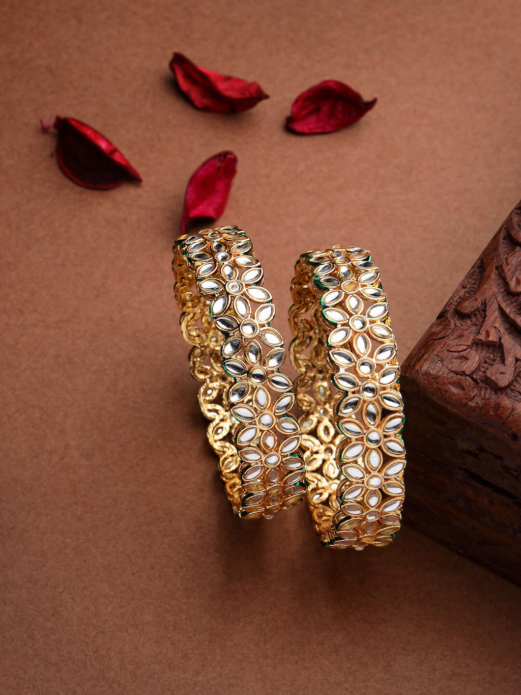 NVR Women Set of 2 Gold-Polished Kundan Studded Bangles