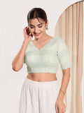 Joban Fashion Pista Green Crochet Padded Blouse With V Neck Elbow Sleeves