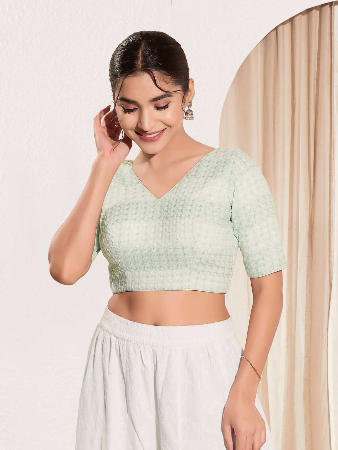 Joban Fashion Pista Green Crochet Padded Blouse With V Neck Elbow Sleeves