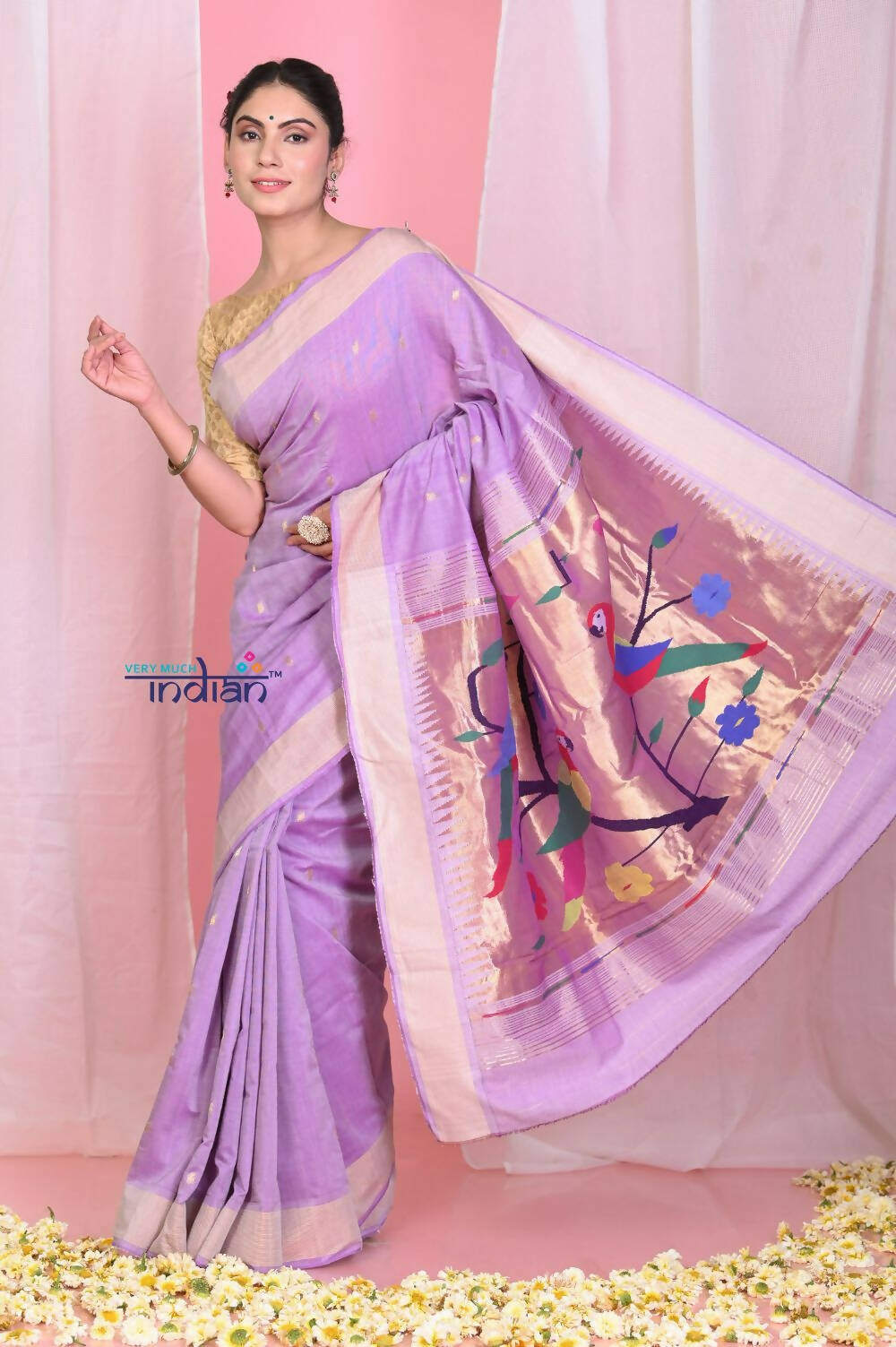 Very Much Indian Handloom Pure Cotton Paithani With Handwoven Pallu -Lilac