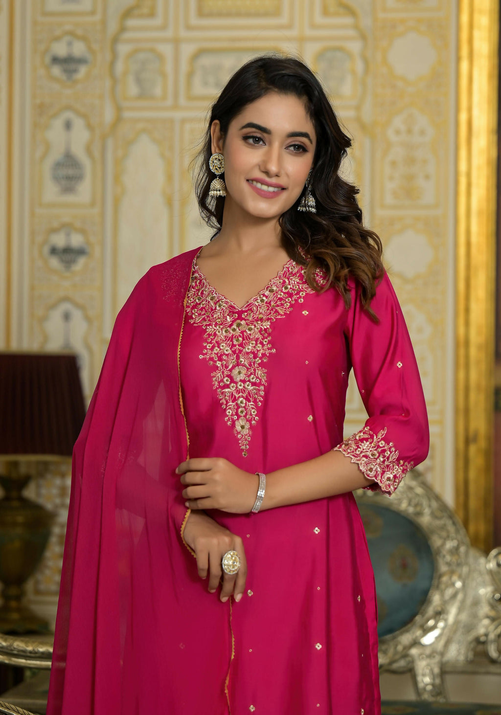 Juniper Women's Fuchsia Zari Embroidered Viscose Kurta Pant And Dupatta Set With Lace