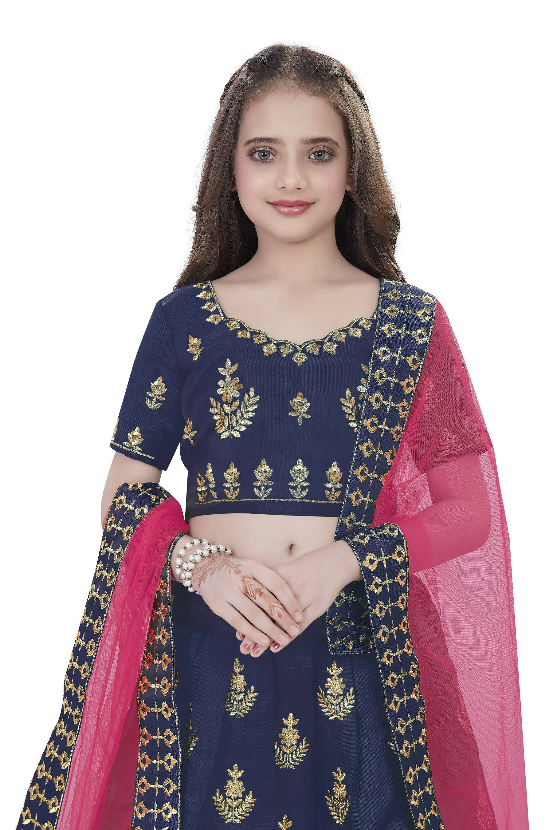 Dwiden Navy Blue Kamal Tafetta Sattin Semi-Stitched Girl's Lehenga Cholin Kamal Tafetta Sattin Semi-Stitched Girl's Lehenga Choli