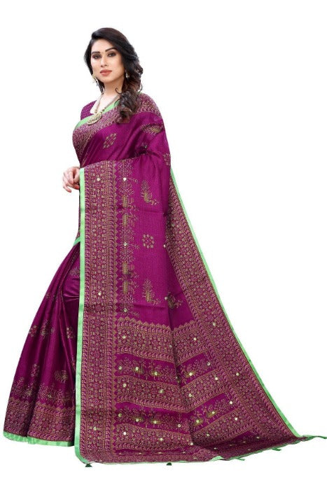 Vamika Purple Mirror Work With Jhalar Khadi Silk Saree (AASHI PURPLE)