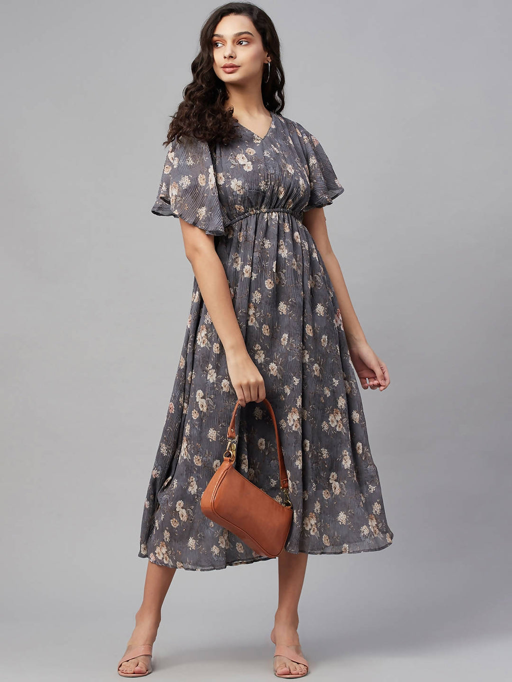 Myshka Women Grey Printed Half Sleeve V Neck Dress