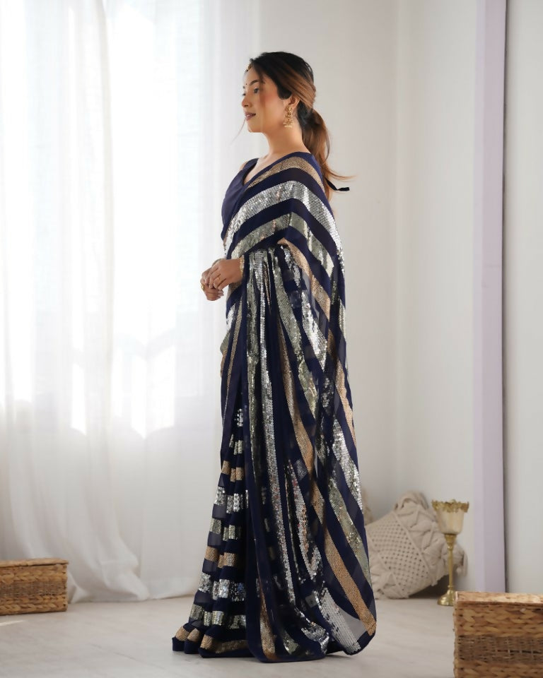 Blue Georgette Sequance Embroidery Work Border Saree - Sitare