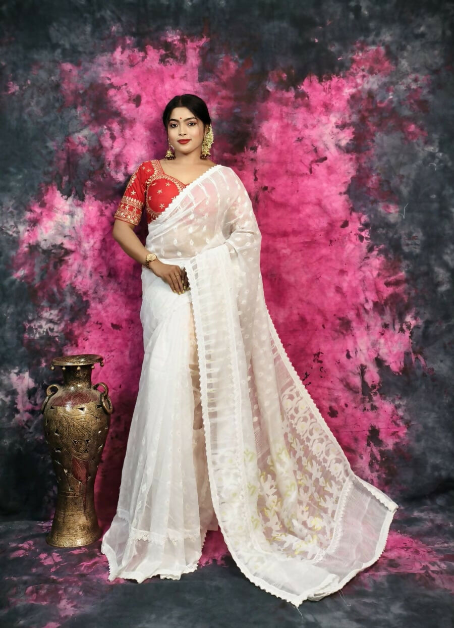 Exclusive Collection Beautiful White Jaal Jamdani Saree