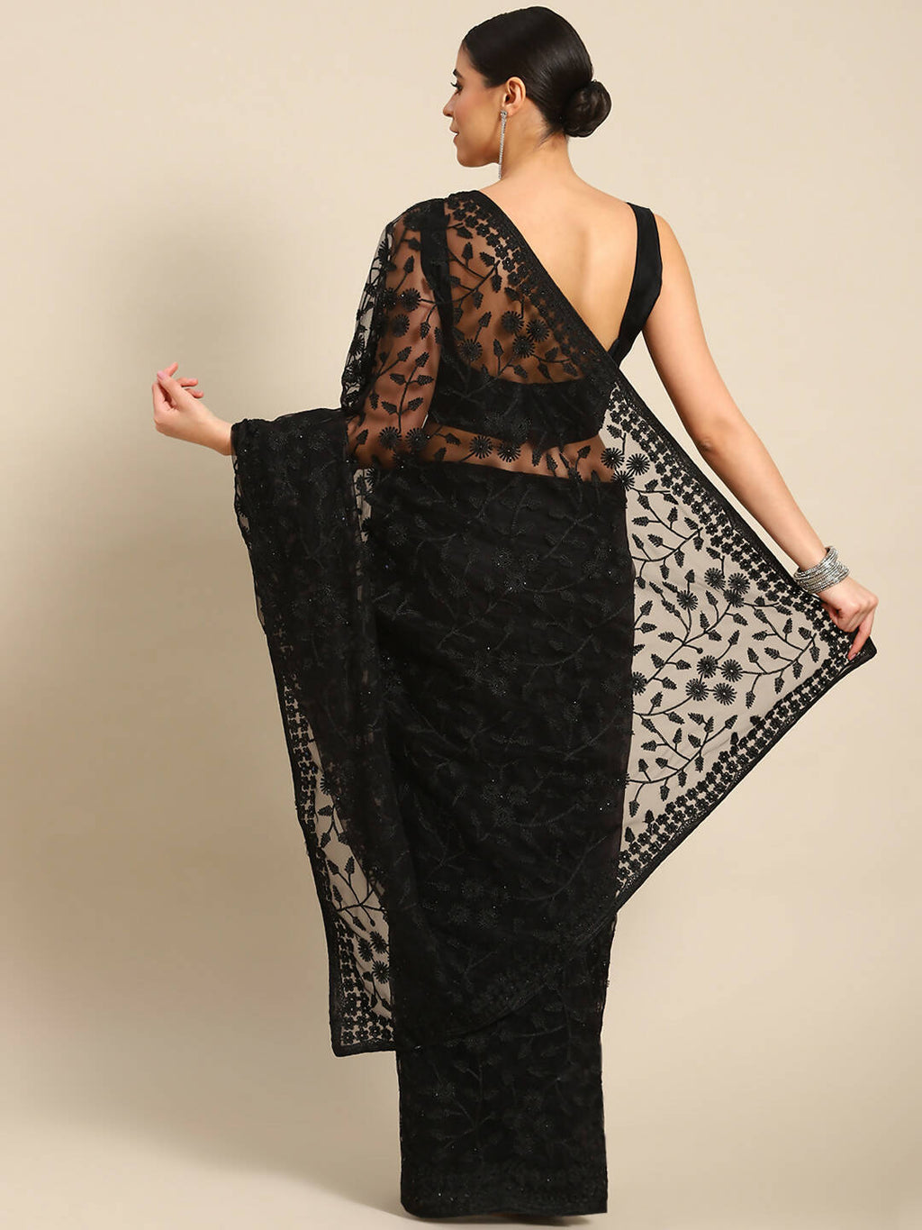 Black Woven Design Net Saree with Blouse Piece - Kalamkari
