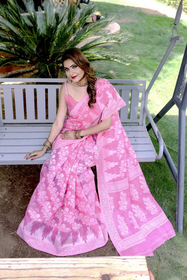 Partywear Designer Pink Jamdani contton Fancy Saree - Starwalk