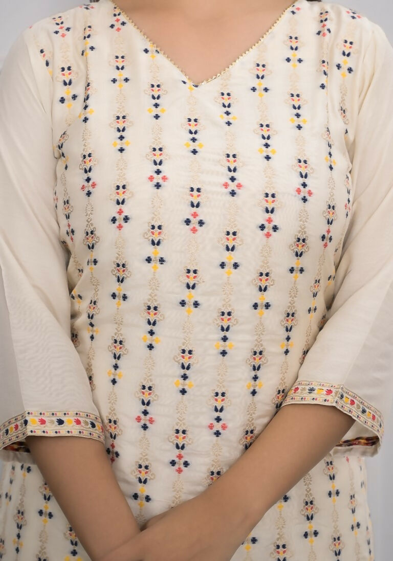 Cream Jequard Silk Embroidery with Thread and sequence Stitched Suit With Dupatta - Tanisha