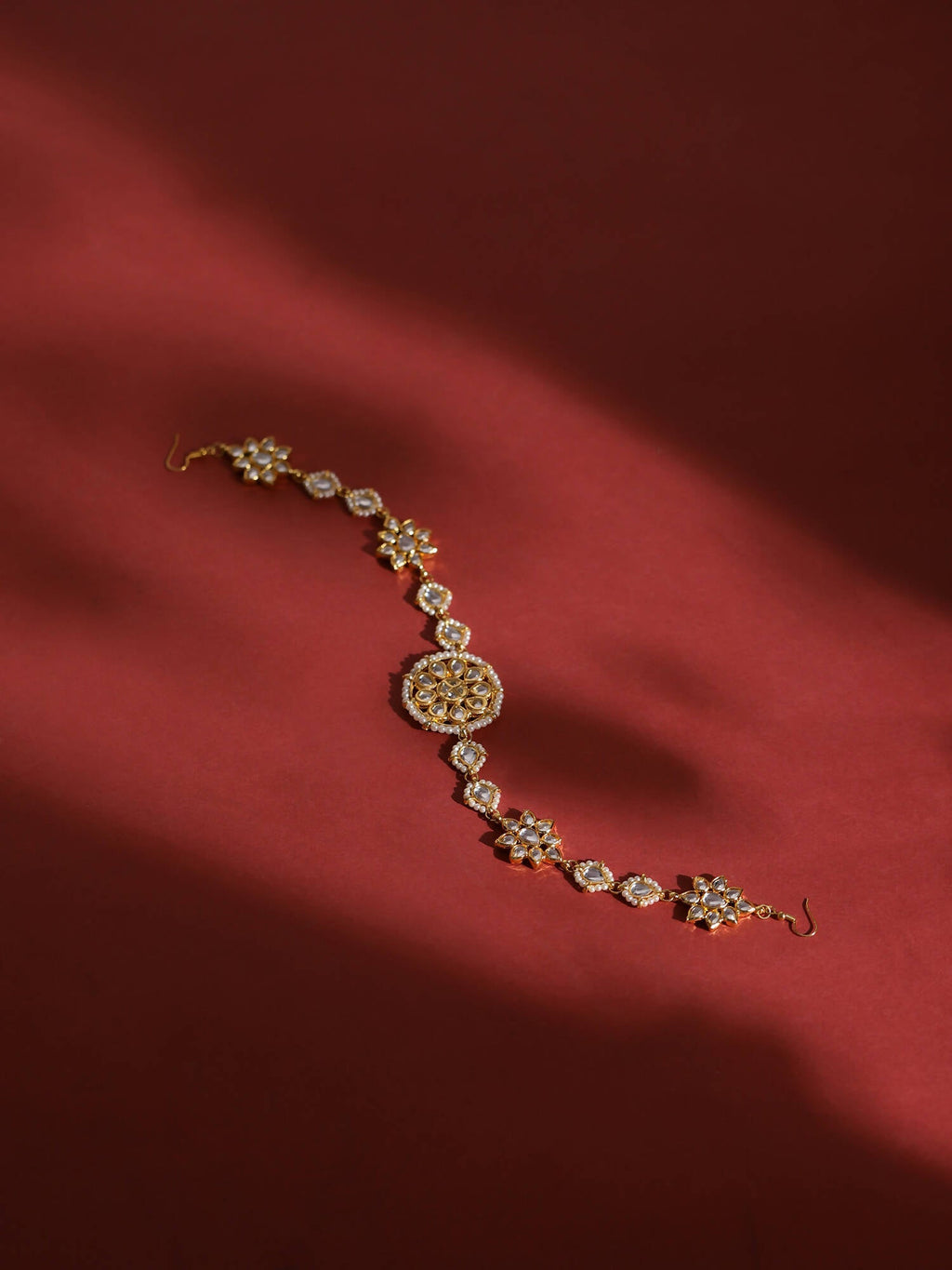 Gold-Polished White Kundan-Studded Pearl Beaded Hair Band - Ruby Raang