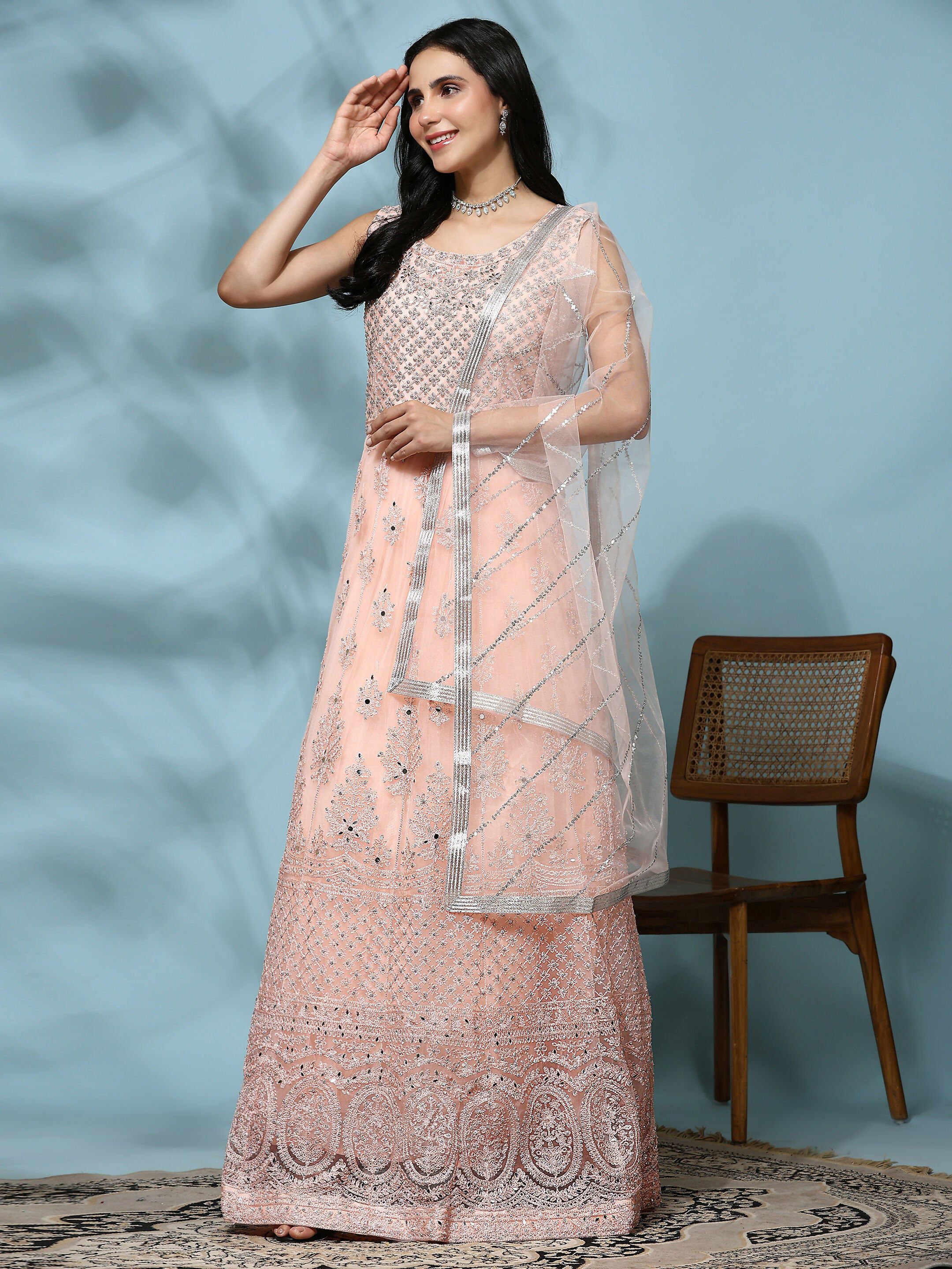 Peach Net Hand Embroidered Gown - Rudrani