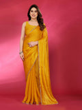 PR Fashion Yellow Jimmy Choo Fabric Palin With Work Lace Saree
