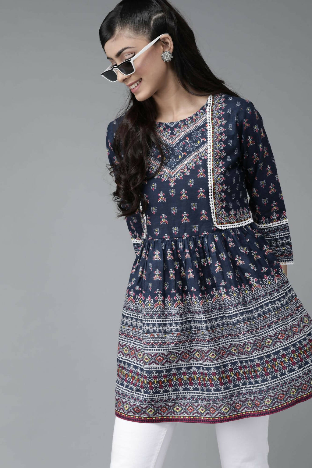 Juniper Women Indigo Cambric Printed A-Line Tunic