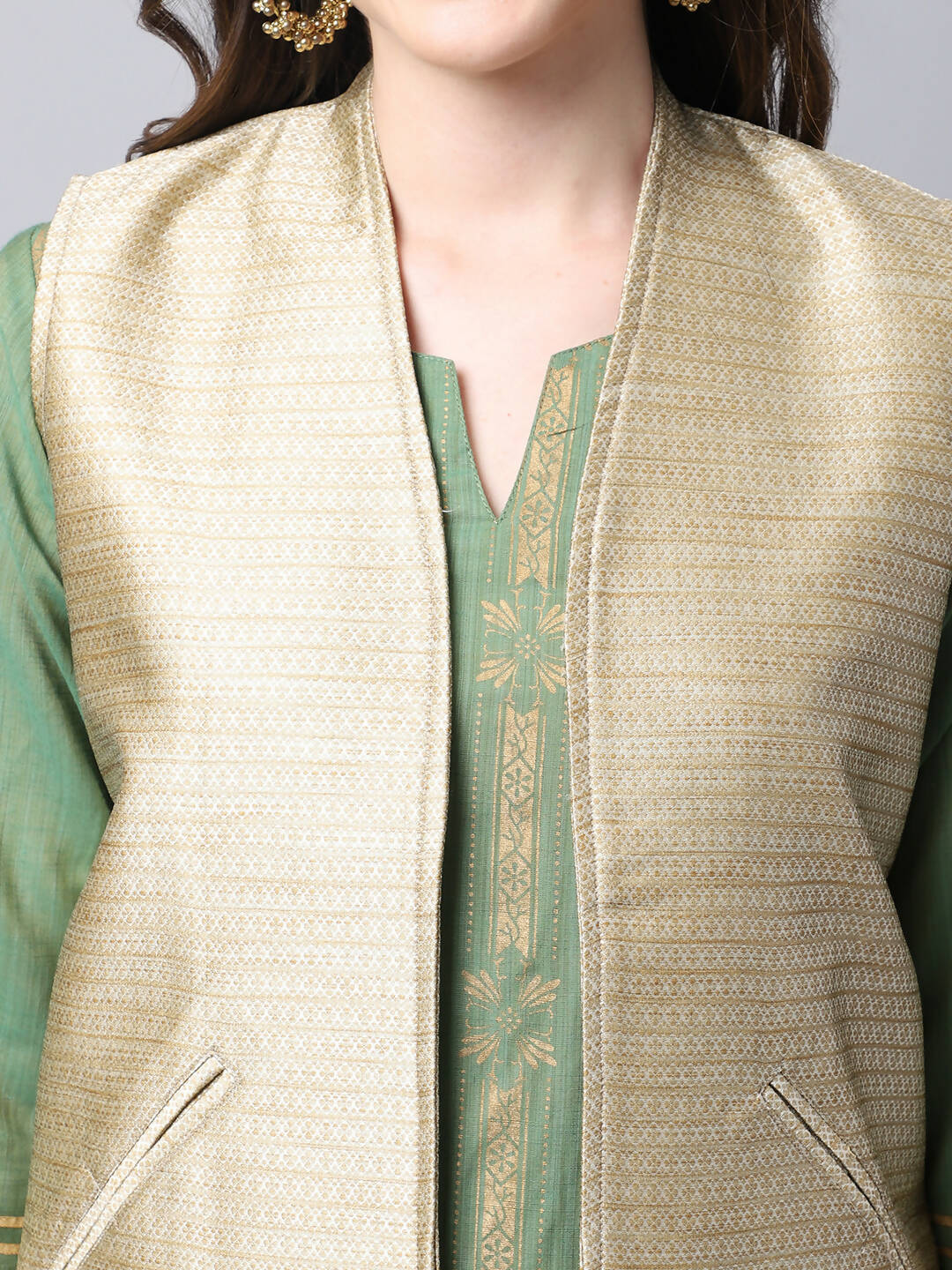 Even Apparels Beige Bansari Silk Open Front Gillet