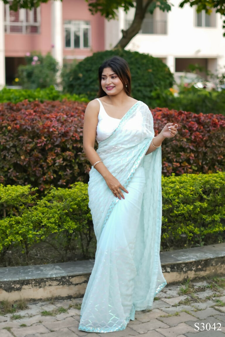 Light Blue Georgette Sequance Embroidery Work Saree with Unstitched Blouse - Vandini