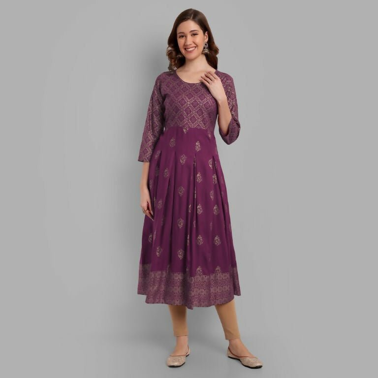Alvano Beautiful Printed Anarkali Kurta for Women and Girls Casual wear, Partywear, Wedding (Wine)