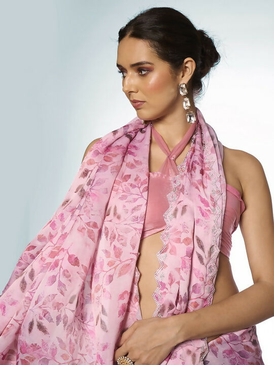 Pink Satin Georgette Designer Printed Saree - Shezlin